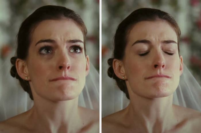 Close-up of Anne Hathaway as a distraught-looking bride