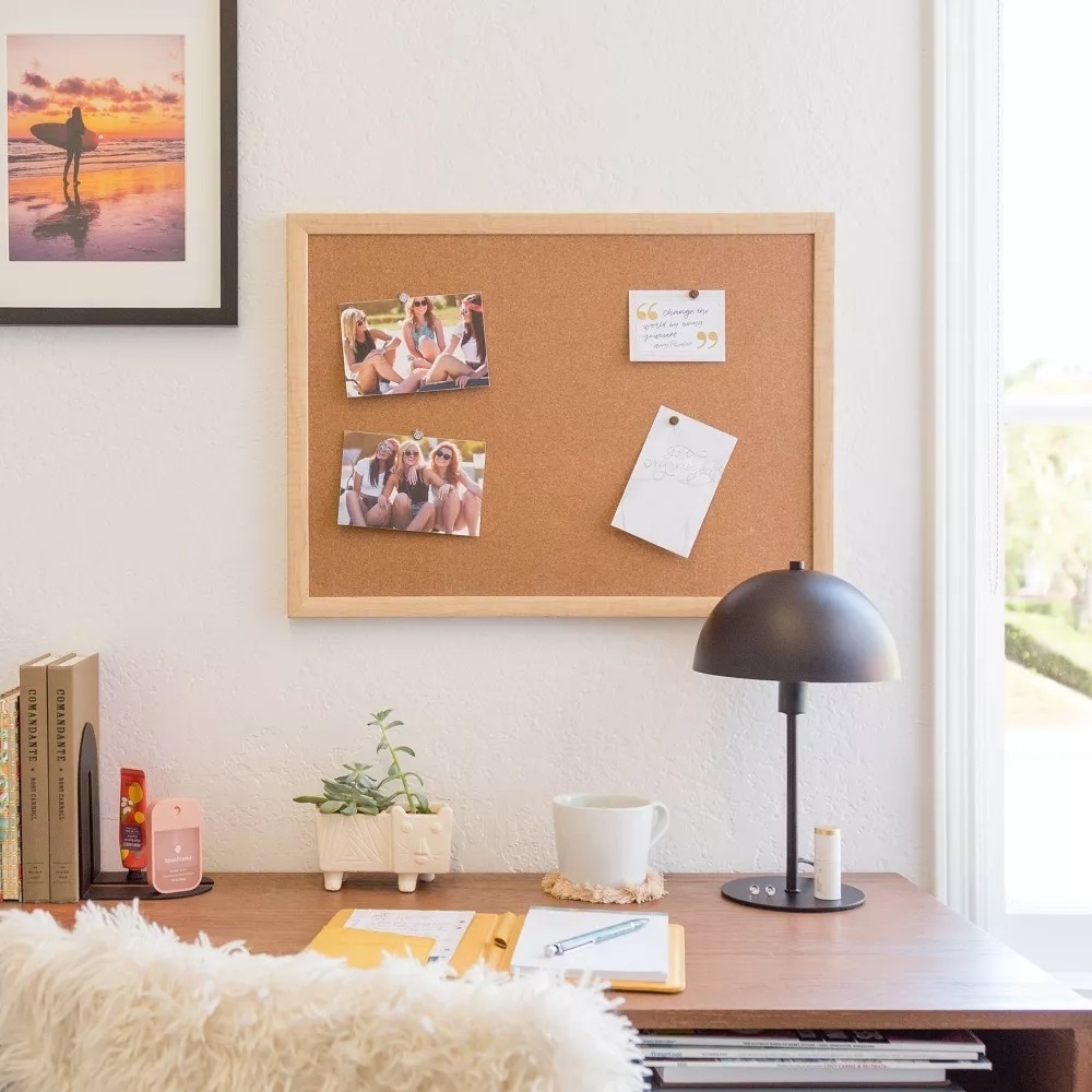 the brown cork board in a home office