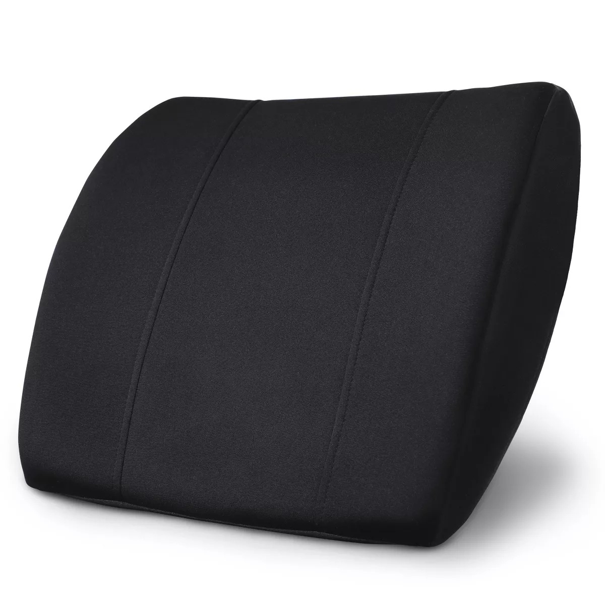 a black lumbar support pillow on a white background