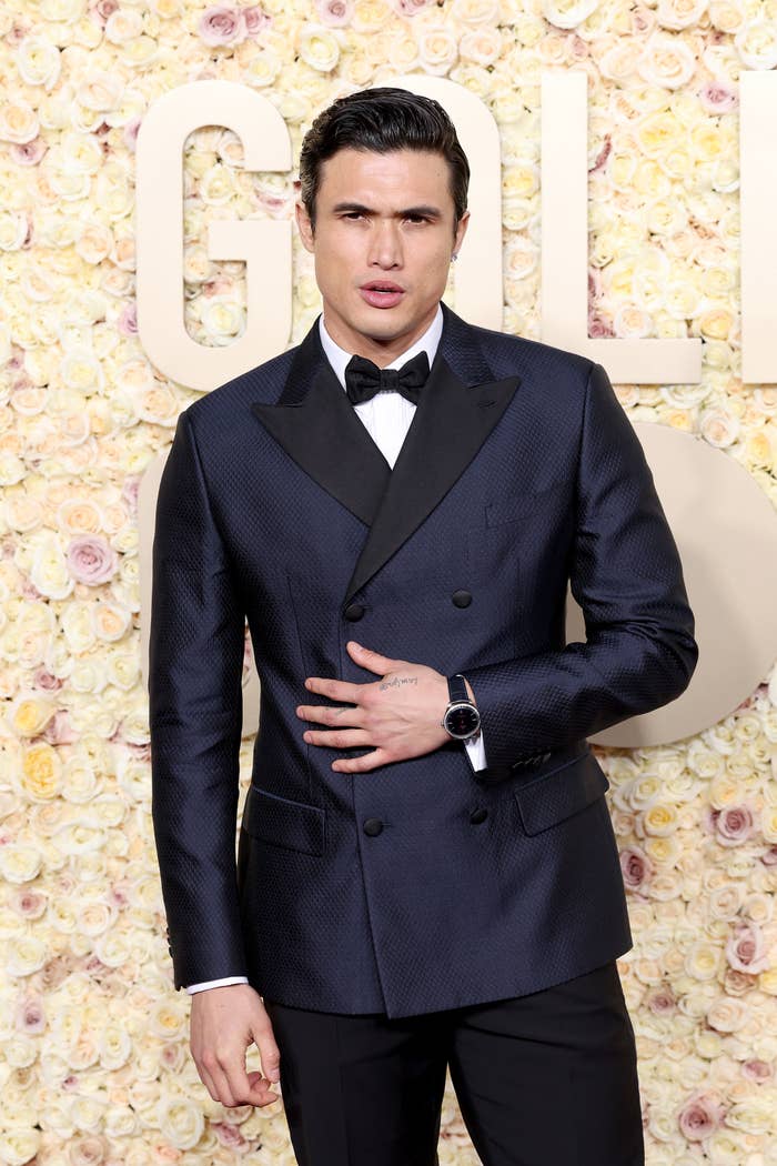 Closeup of Charles Melton on the red carpet