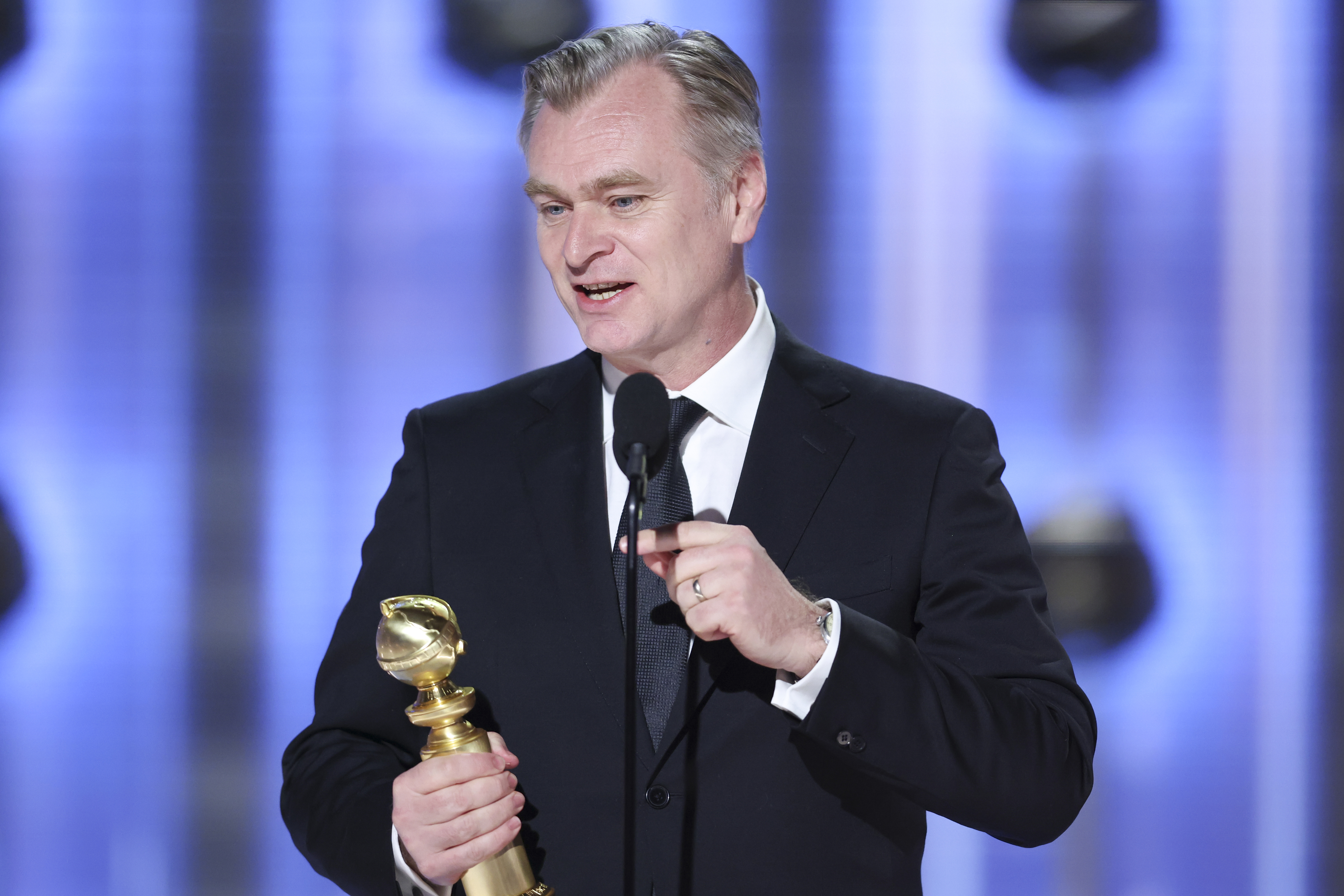 Closeup of Christopher Nolan accepting his Golden Globe
