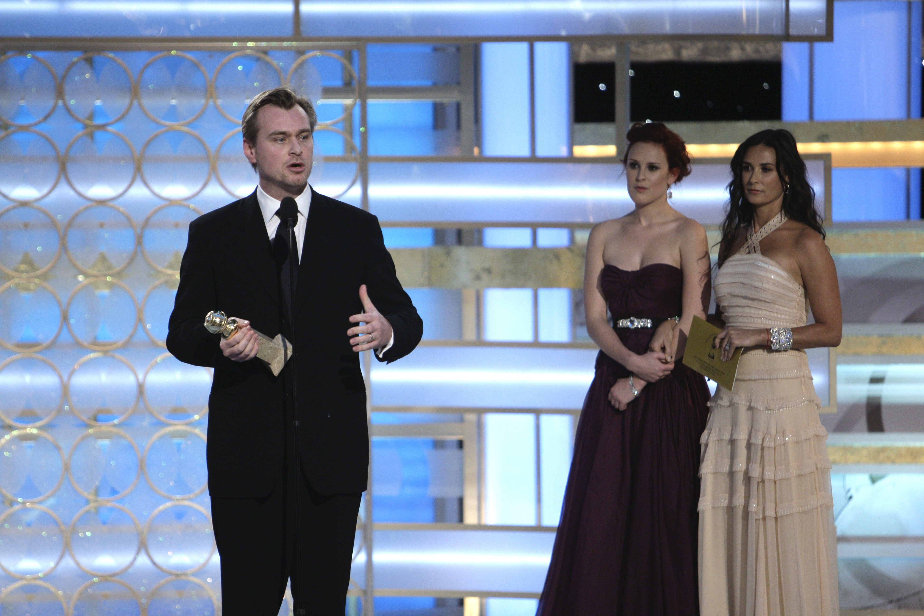 Christopher Nolan accepting the Golden Globe on behalf of Heath Ledger