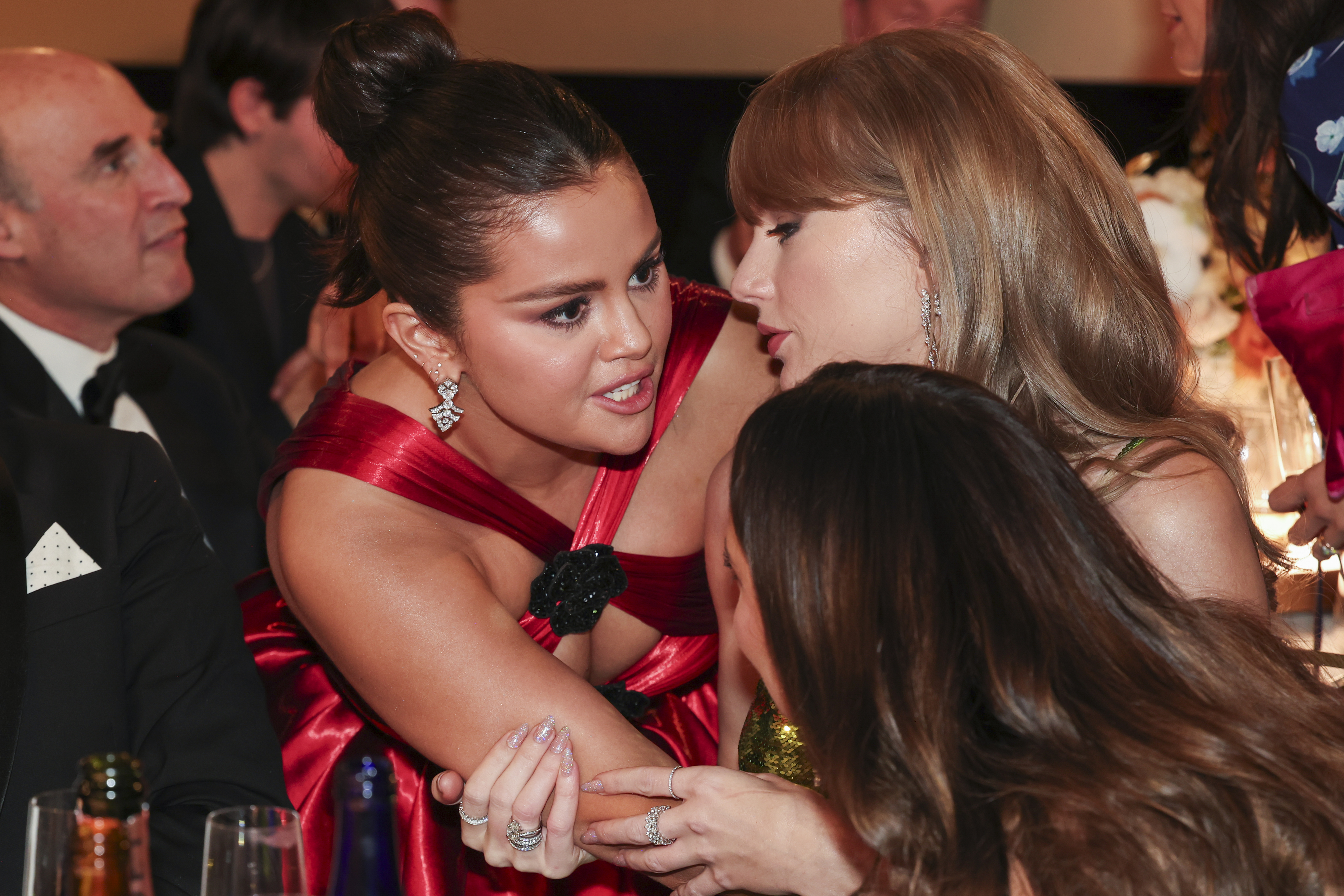 Closeup of Selena Gomez and Taylor Swift at the Golden Globes