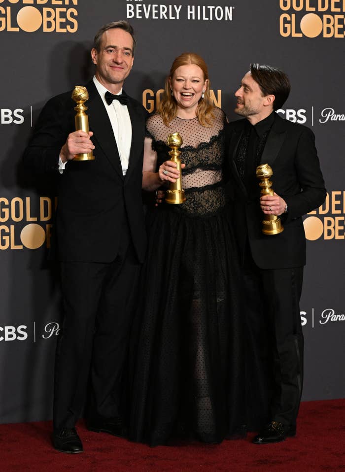 Matthew Macfadyen, Sarah Snook, and Kieran Culkin with their Golden Globes