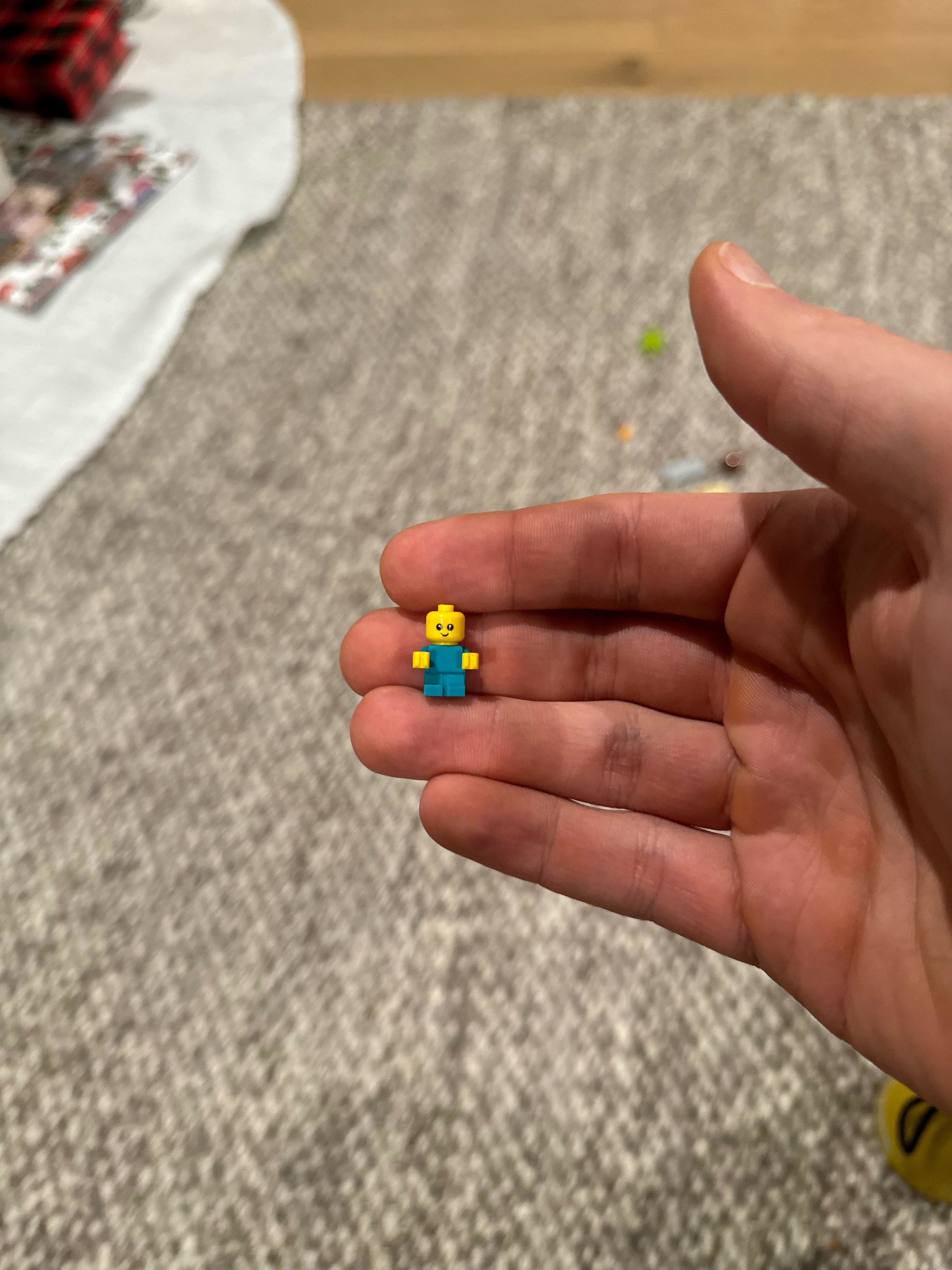 A tiny Lego figure on a finger