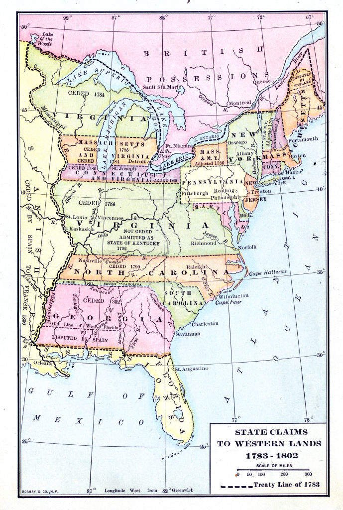 A map of &quot;State Claims to Western Lands, 1783–1802,&quot; showing the eastern part of the US, &quot;British Possessions&quot; where Canada is now, Massachusetts territory where Maine is now, and Virginia territory extending up to the Great Lakes