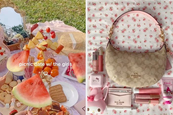 elaborate picnic with picnic date with the girls annotated, and a few different pink purses