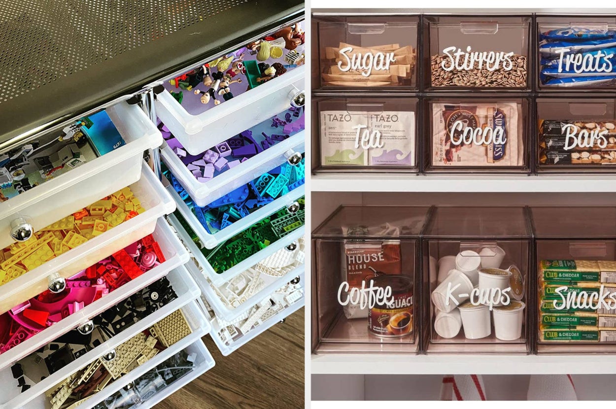 reviewers rolling cart filled with Legos and reviewers pantry organized using clear stackable bins