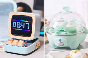 to the left: an 8bit clock, to the right: a light green egg cooker
