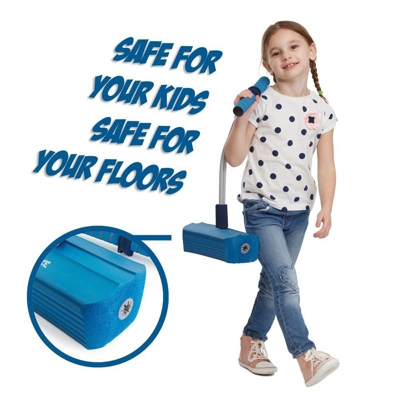 A kid carries a foam pogo stick. Text reads safe for your kids and safe for your floors