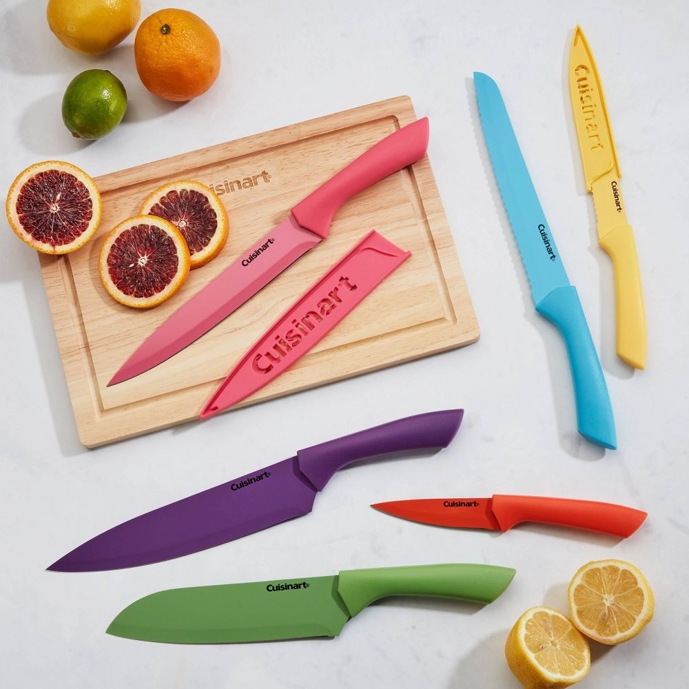 the colorful knives in purple, pink, red, green, blue and yellow