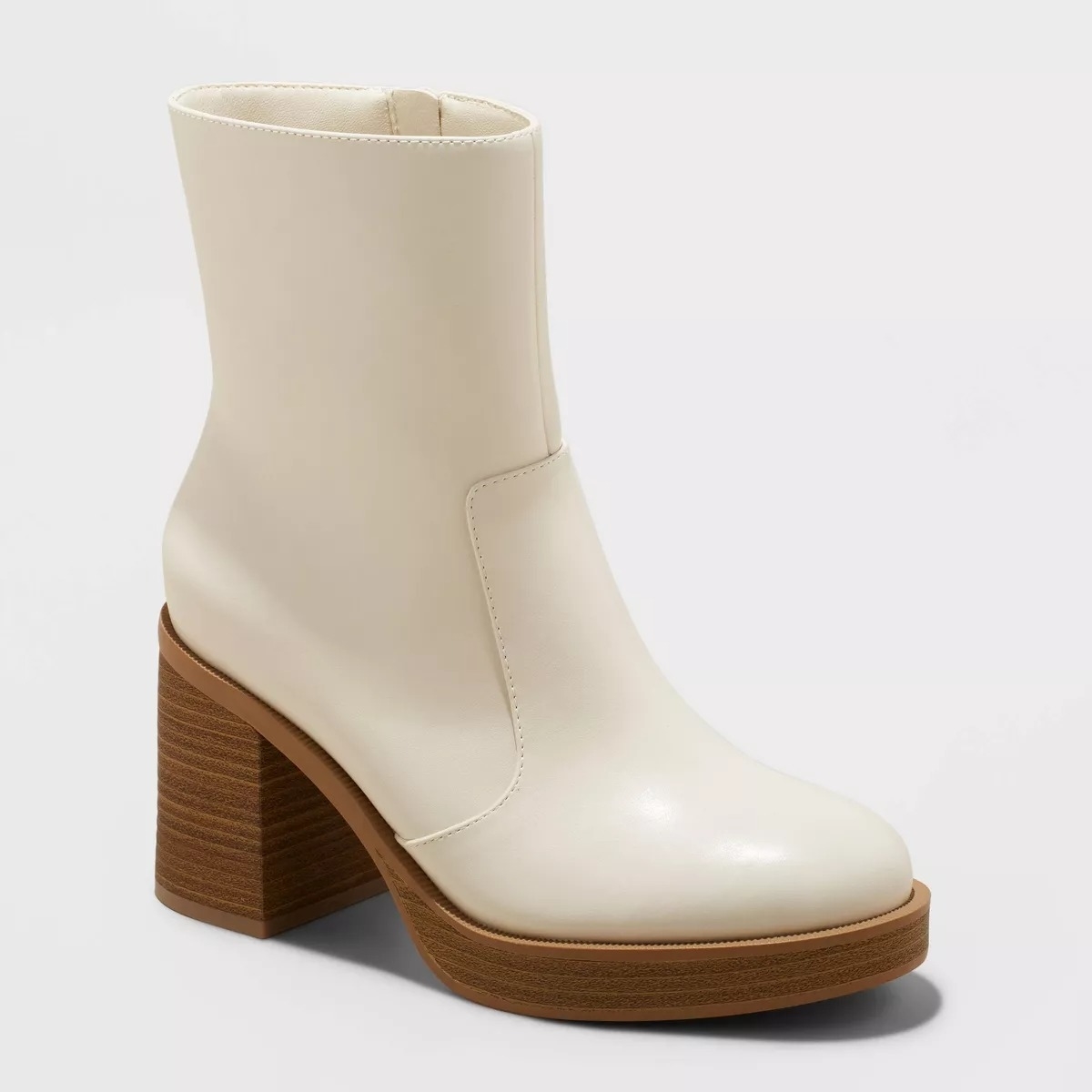 white ankle boots with brown block heel