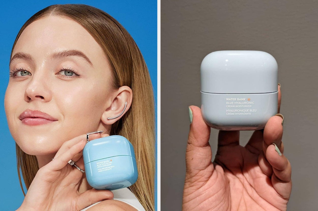 on left: model wearing Laneige moisturizer. on right: reviewer holding blue container of Laneige moisturizer