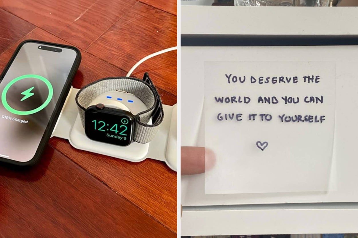 on left: foldable charging station with iPhone and Apple Watch. on right: clear transparent sticky note