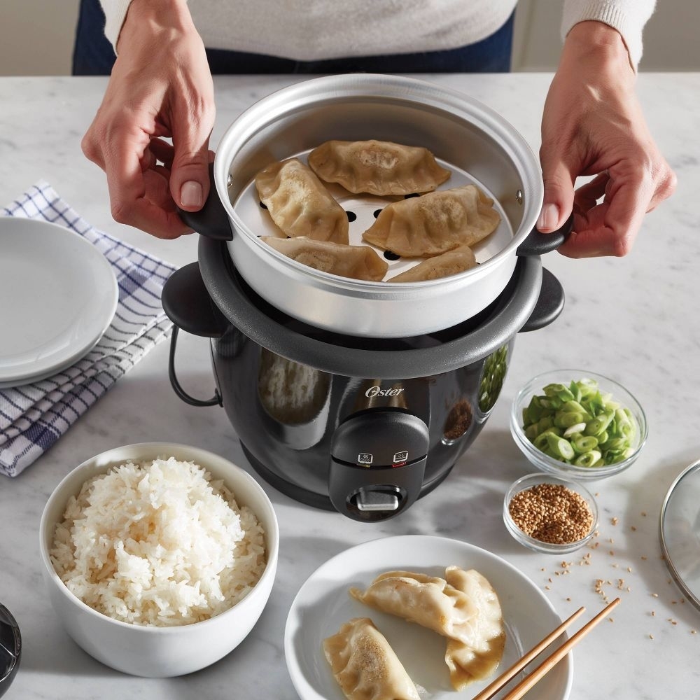the rice cooker that just cooked rice and potstickers