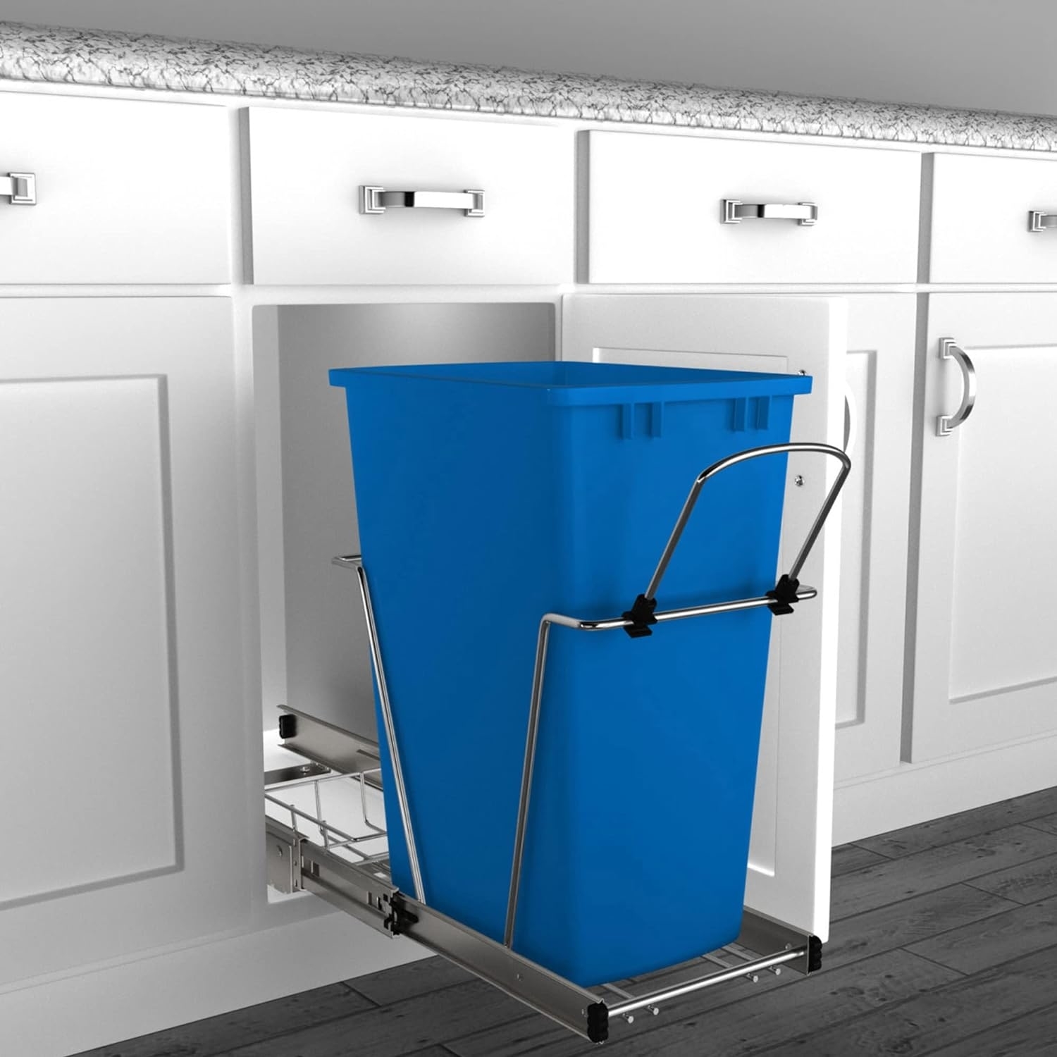 blue trash can abalanced on wire shelf that slides completely out of cabinet