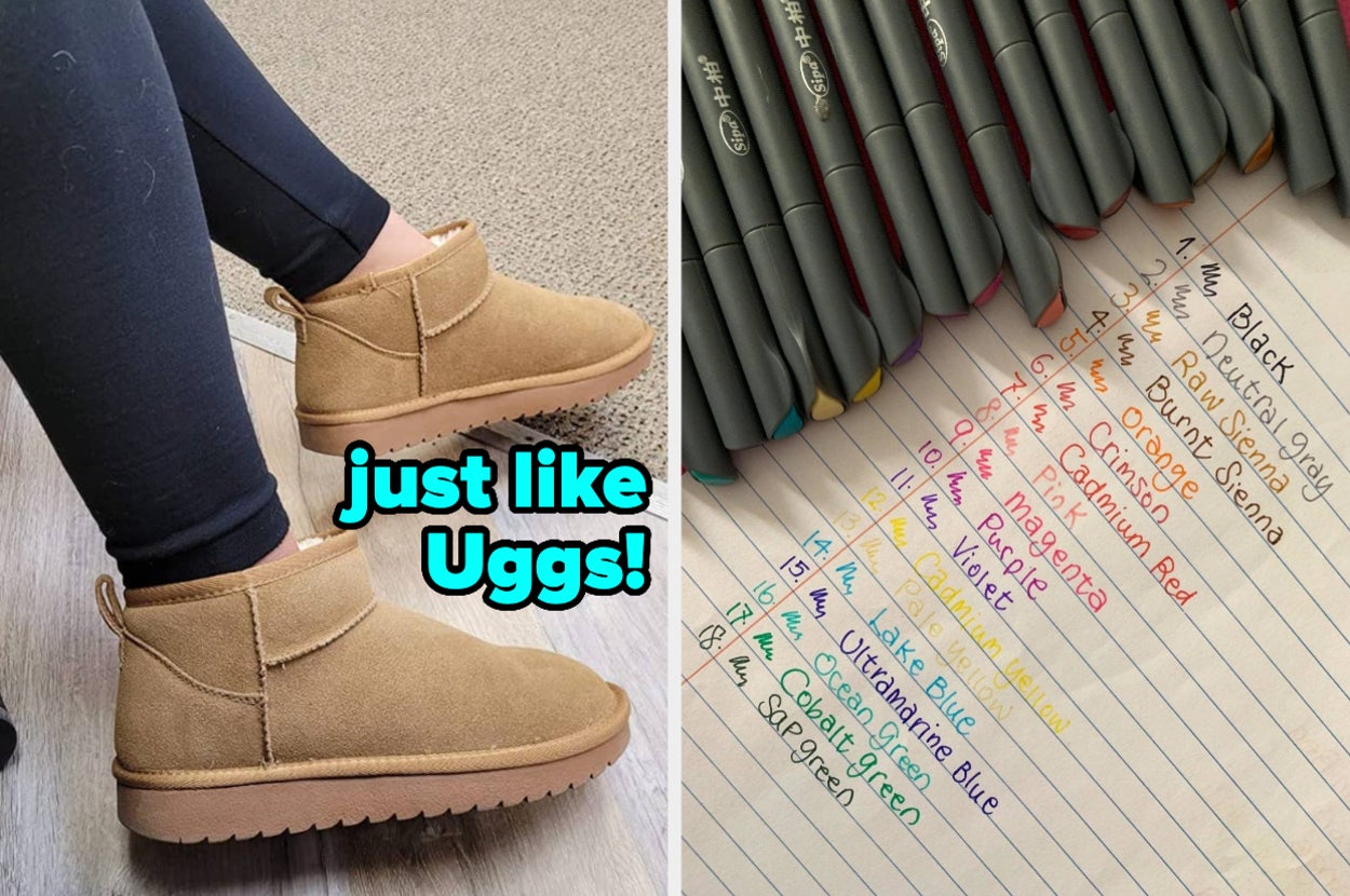 tan fuzzy boots and colorful pens tested on paper