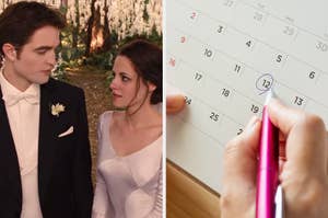 On the left, Edward and Bella staring at each other on their wedding day, and on the right, someone circling a date on a calendar