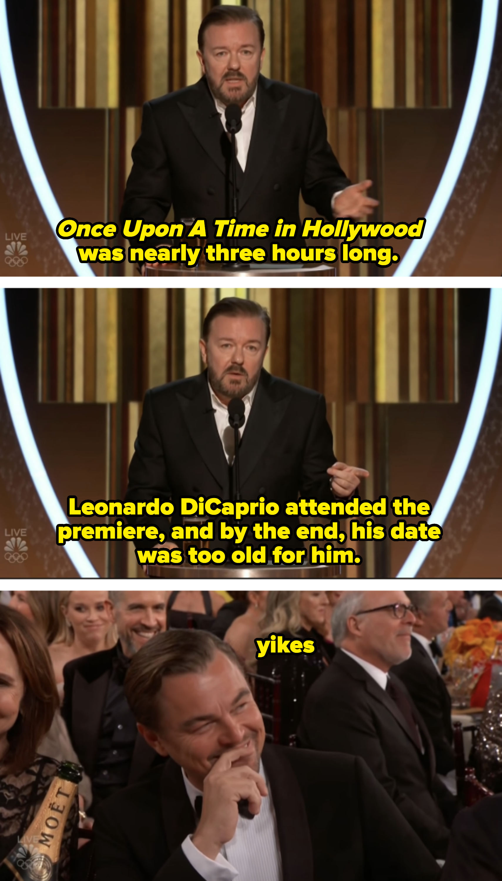 Ricky Gervais onstage roasting Leo DiCaprio