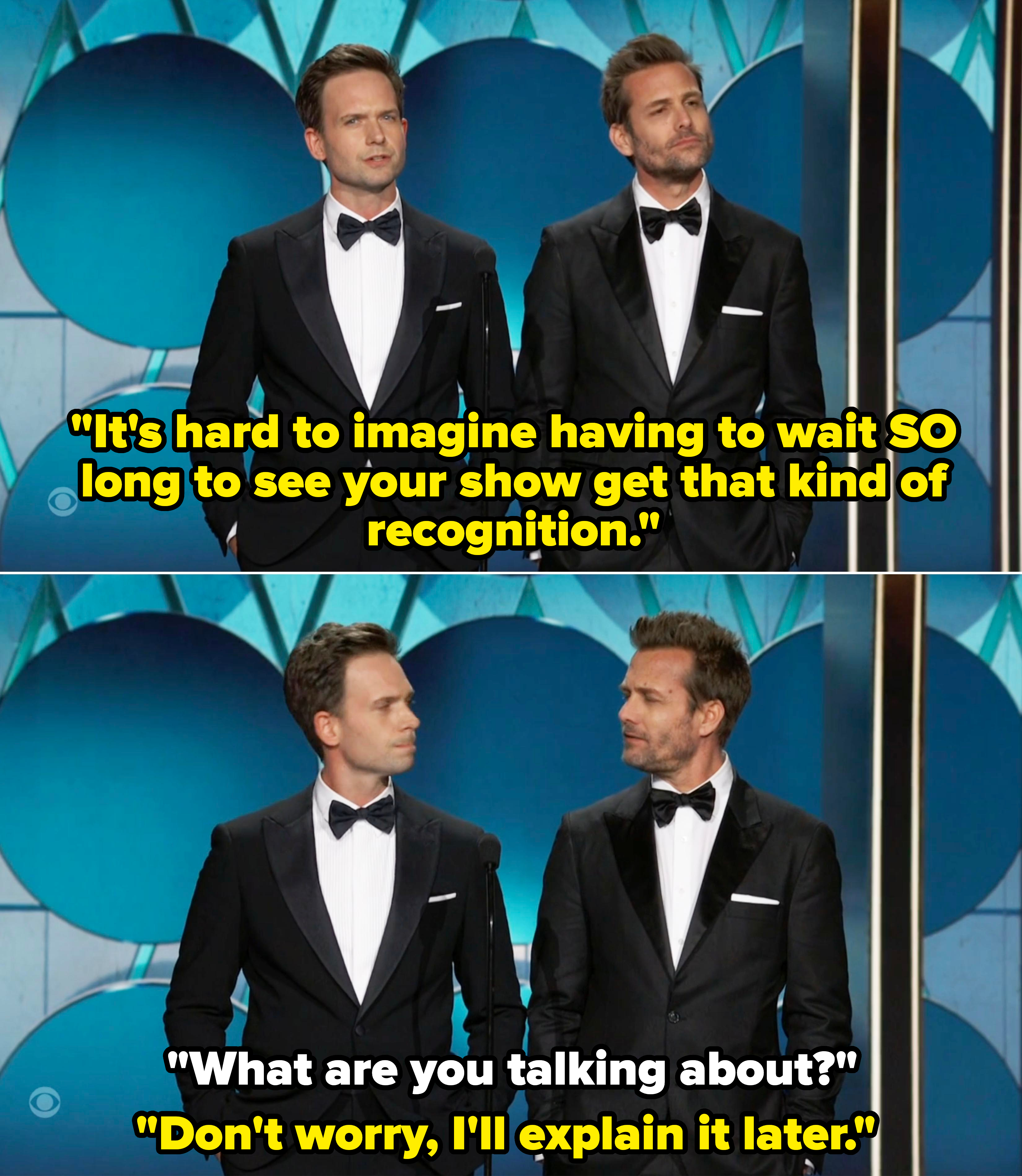 Patrick and Gabriel presenting at the Golden Globes