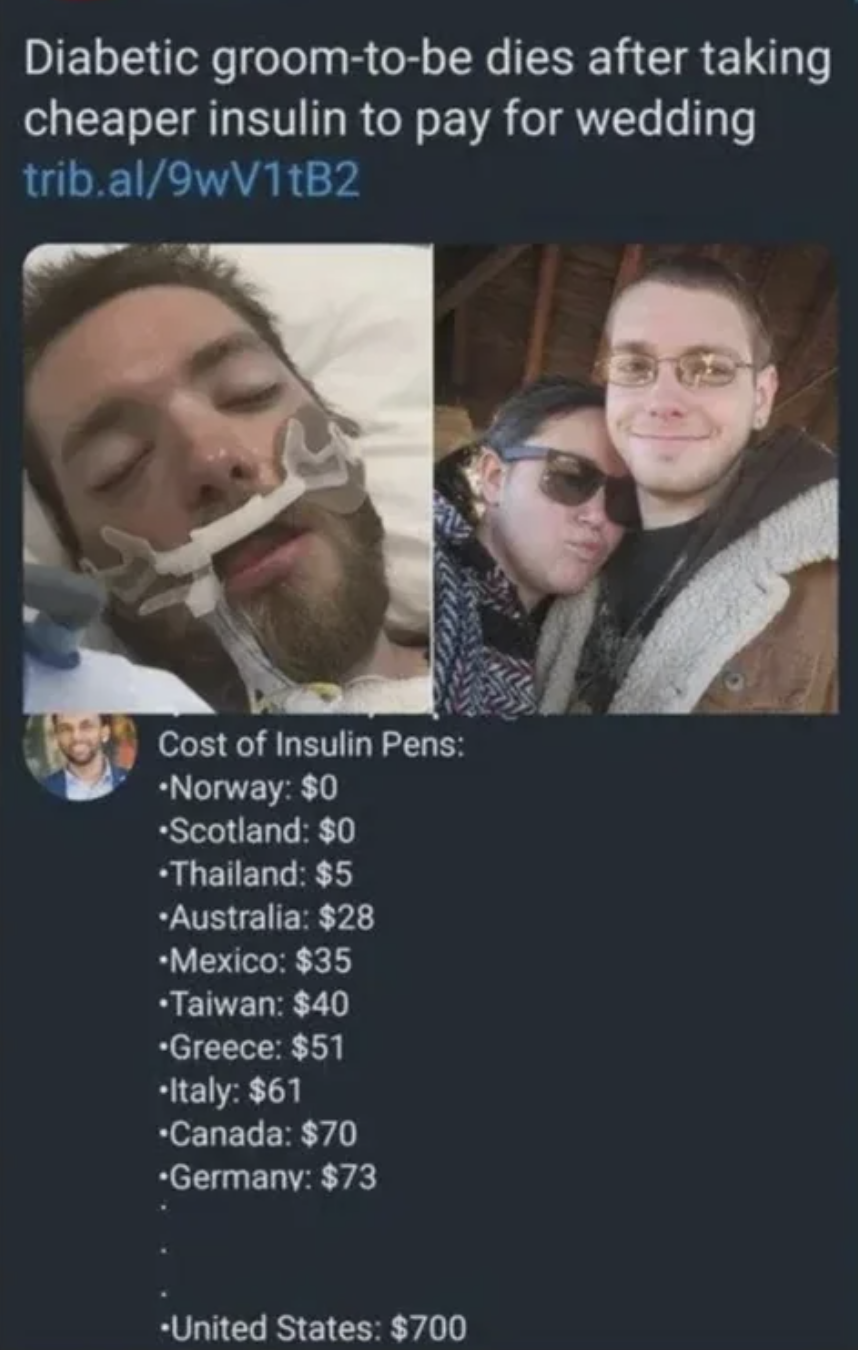 &quot;Diabetic groom-to-be dies after taking cheaper insulin to pay for wedding&quot; post, with prices of insulin in countries around the world, ranging from $0 in Norway, and Scotland to $51 in Greece and $700 in the US