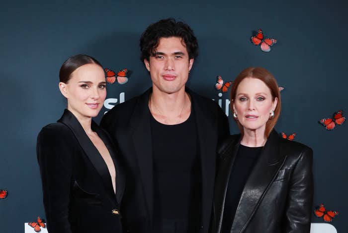 Natalie at a media event with her co-stars Charles Melton and Julianne Moore
