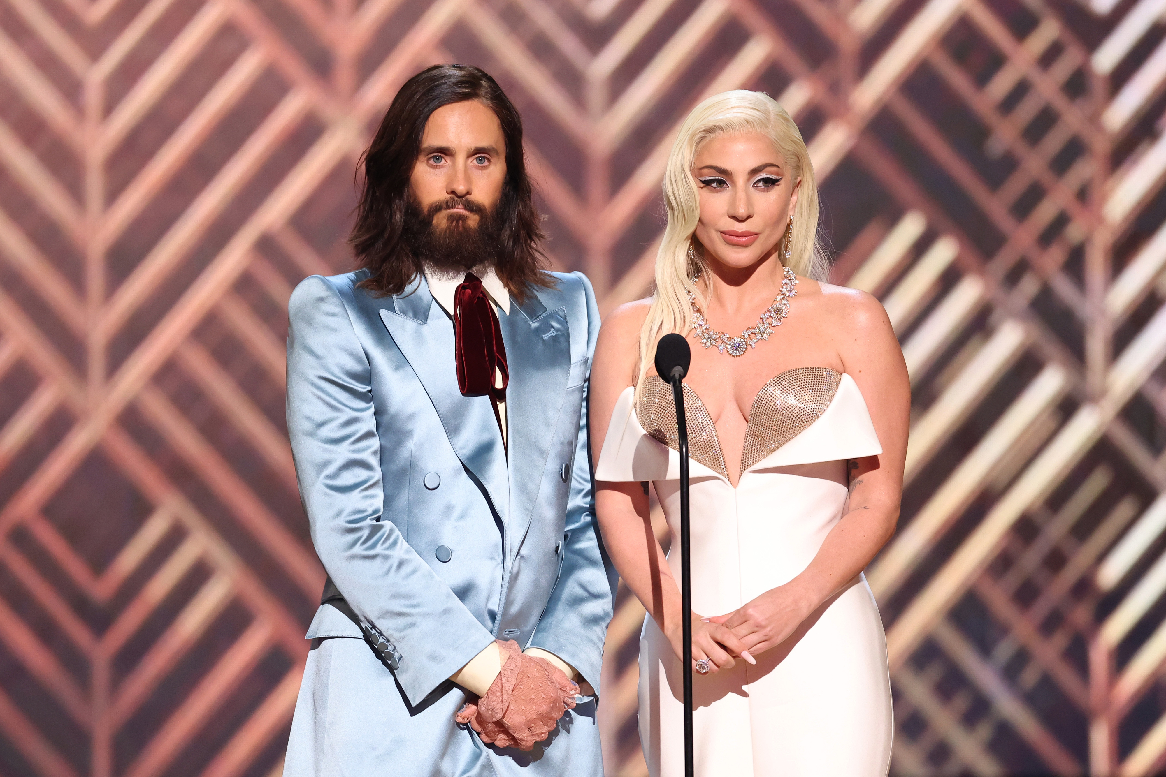 Jared Leto and Lady Gaga presenting an award onstage