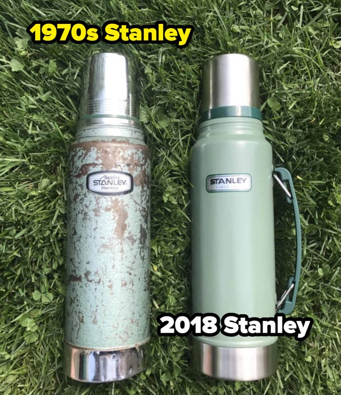 A 1970s Stanley flask next to a 2018 version