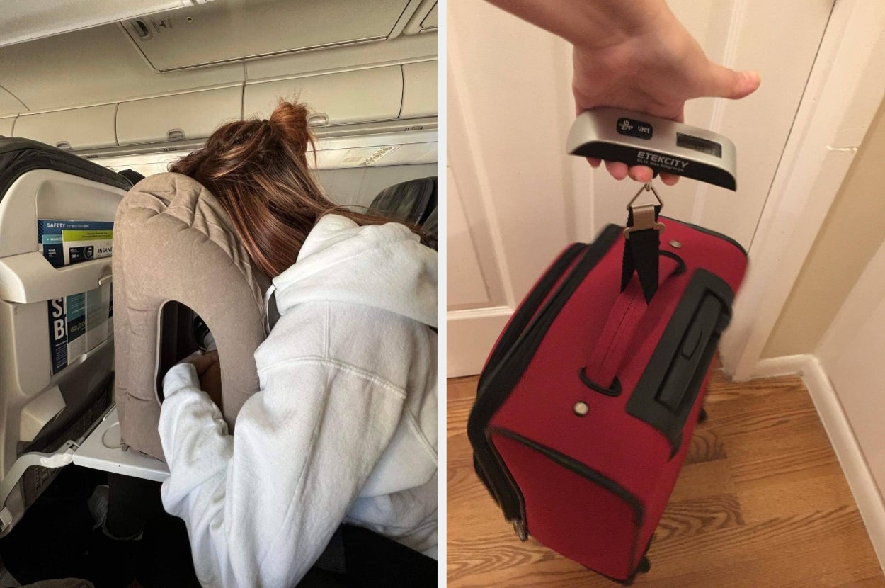 on left: reviewer using gray inflatable pillow while sitting in plane seat. on right: reviewer using gray digital luggage scale to weigh suitcase