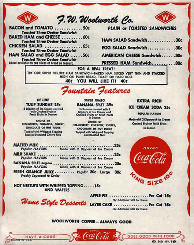 FW Woolworth&#x27;s restaurant menu, including bacon and tomato, egg salad, and American cheese sandwiches and &quot;fountain features&quot;