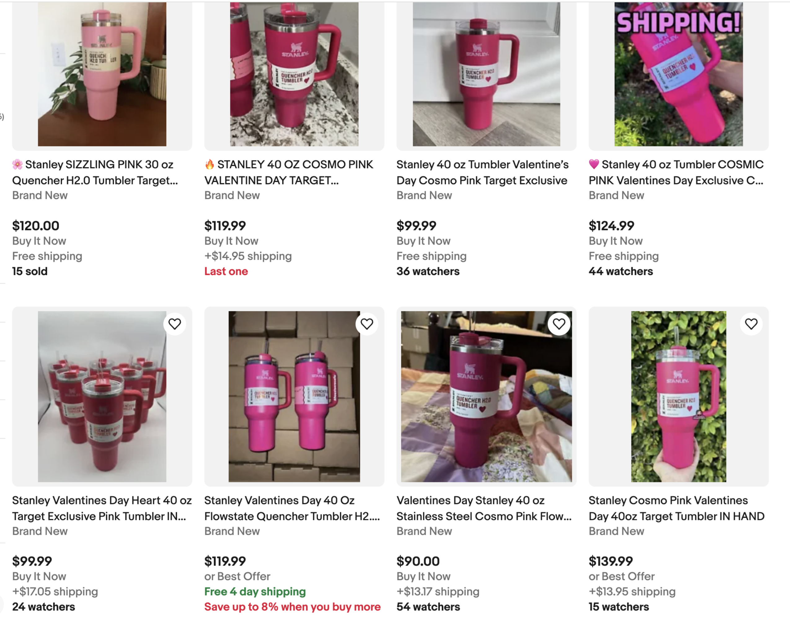 Screenshot of Stanley tumblers being sold on eBay, with prices ranging from $100 to $140