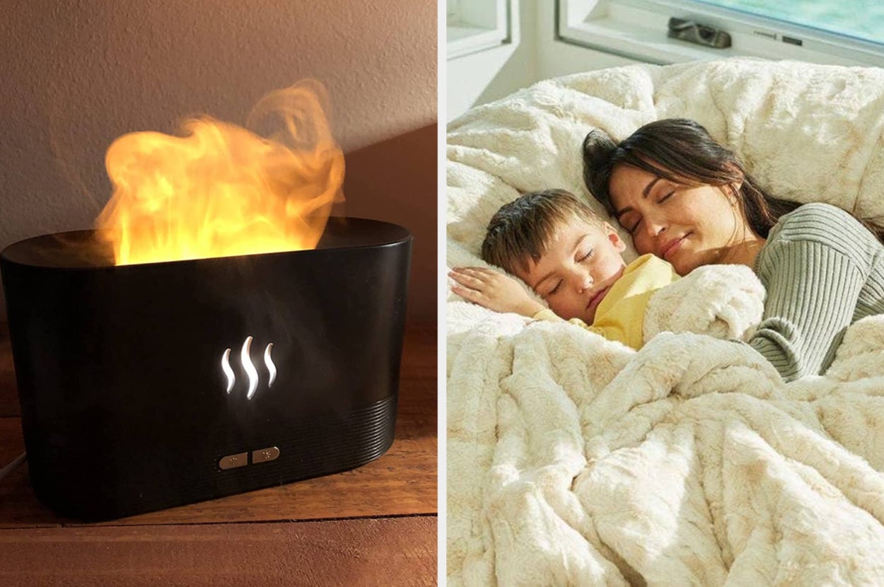 to the left: a flaming humidifier, to the right: a mom and son snuggling in a lovesac