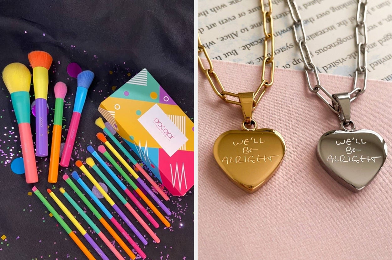 a set of very colorful makeup brushes; two harry styles inspired necklaces that say we'll be alright