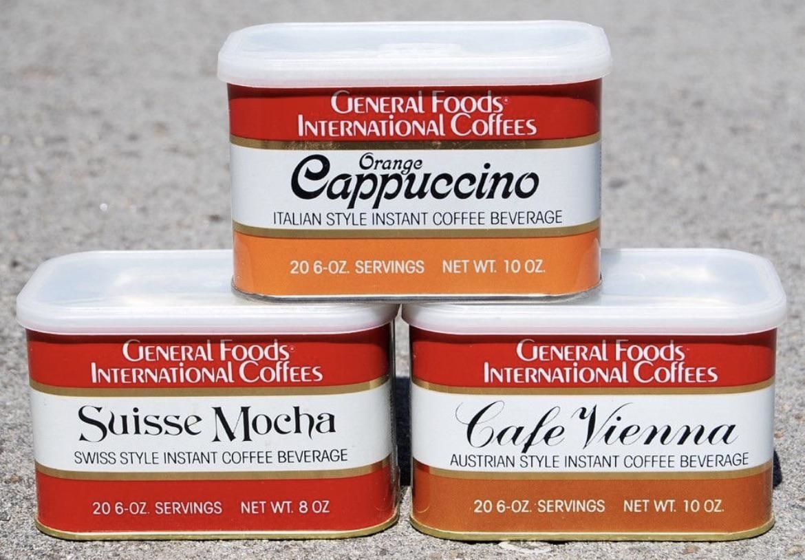 Tins of General Foods International Coffees, including Cafe Vienna and Suisse Mocha