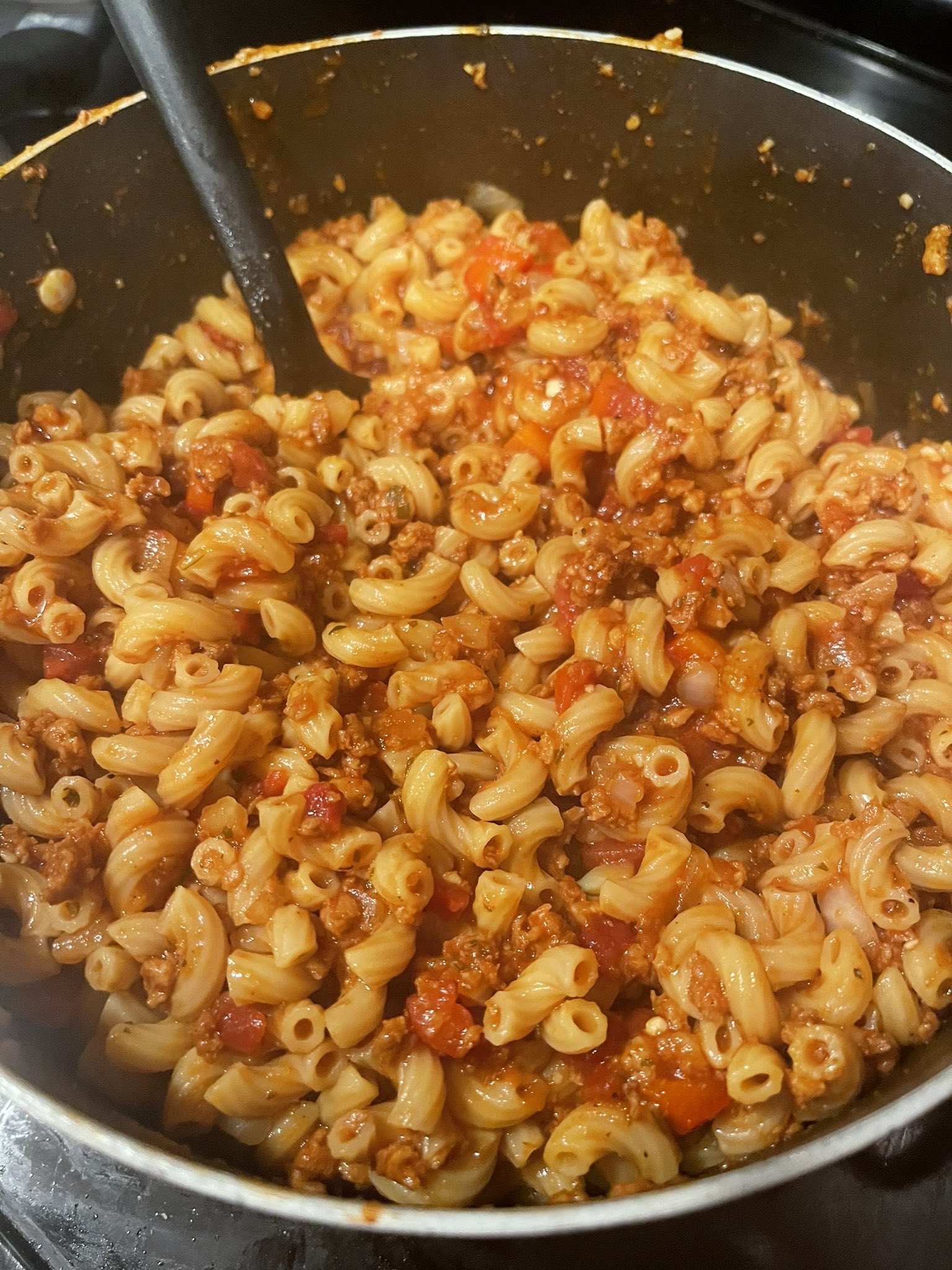 Close-up of Beefaroni in a pan