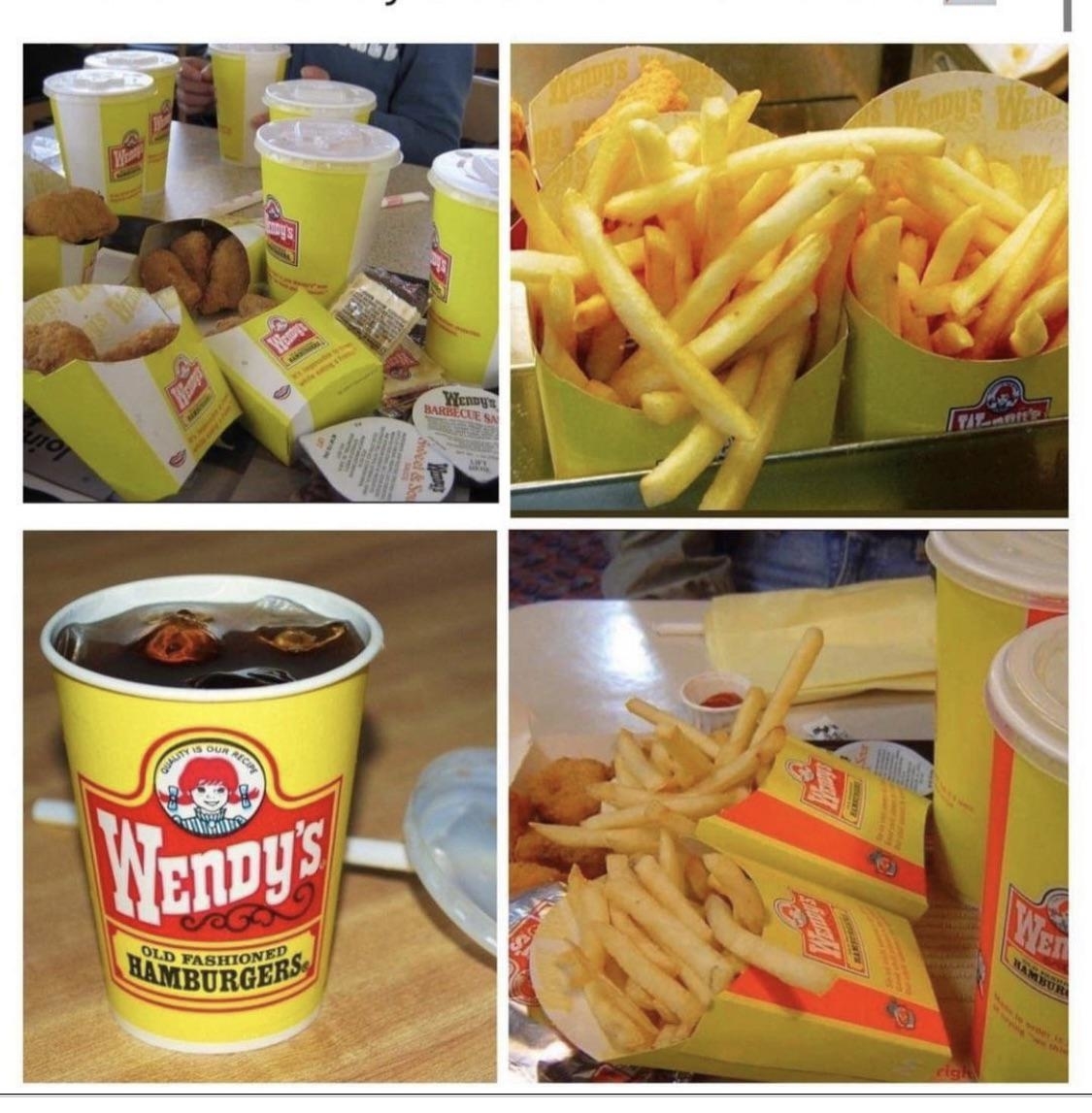 Yellow Wendy&#x27;s takeout containers and cups