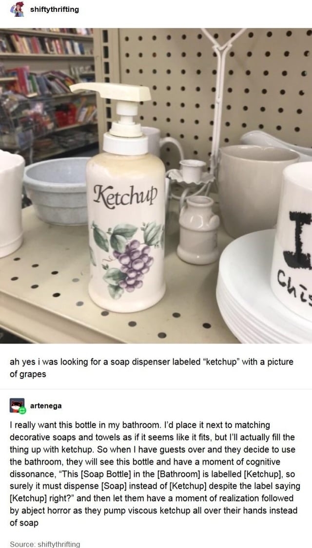 soap dispenser labeled ketchup with a photo of grapes on it