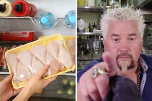 Side-by-side images of raw chicken and Guy Fieri pointing at you