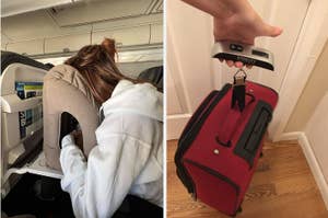 on left: reviewer using gray inflatable pillow while sitting in plane seat. on right: reviewer using gray digital luggage scale to weigh suitcase