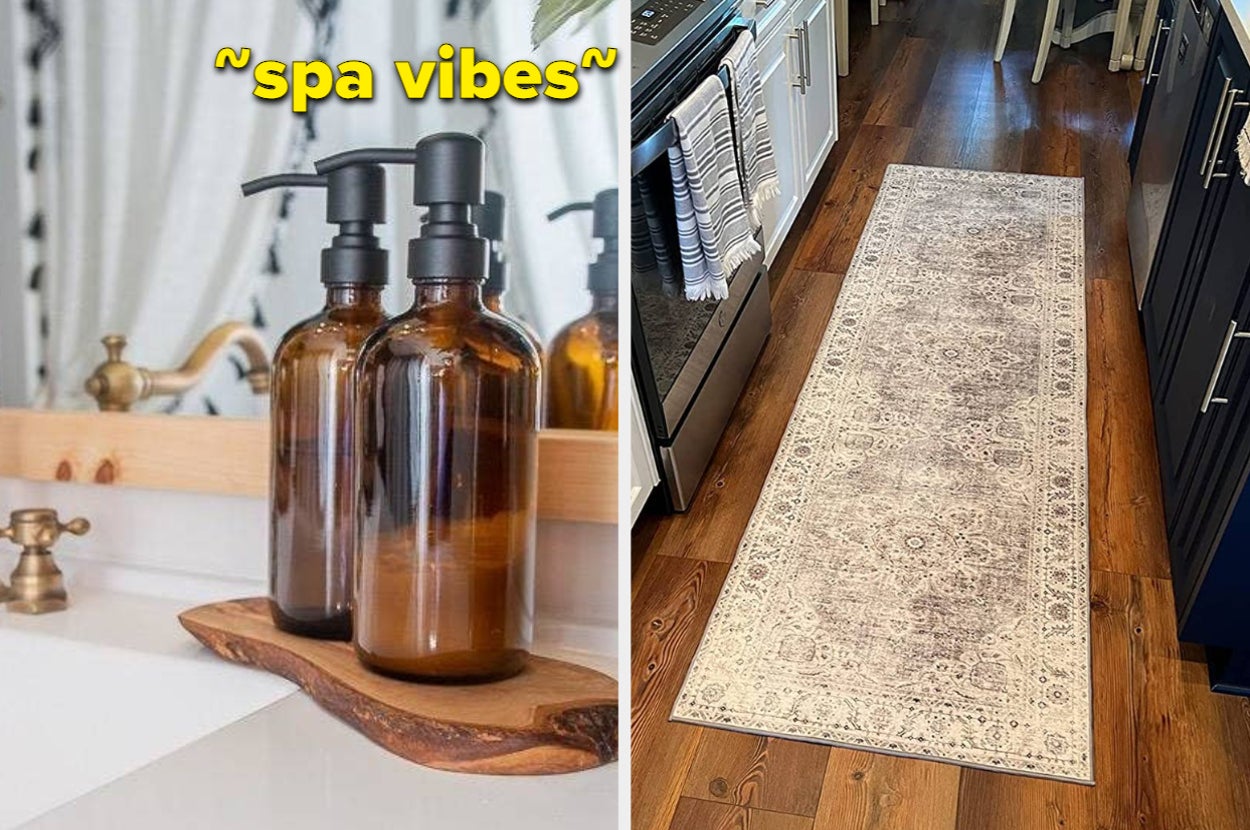 reviewer's bottles with black pumps on a bathroom counter "spa vibes" / reviewer's of the black and white runner