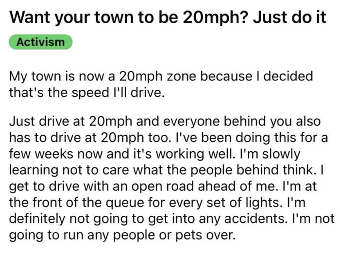 my town is now a 20mph zone because i decided that&#x27;s the speed i&#x27;ll drive