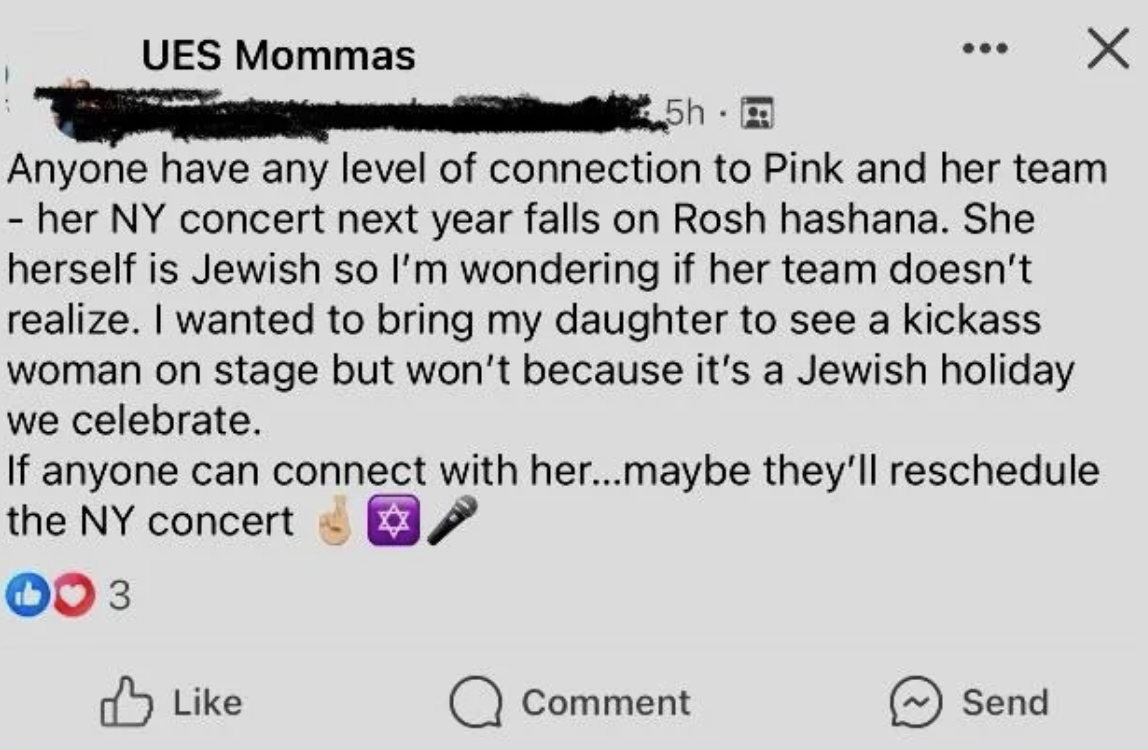 person asking for a connection with Pink so she can move her concert on a day that&#x27;s not a jewish holiday