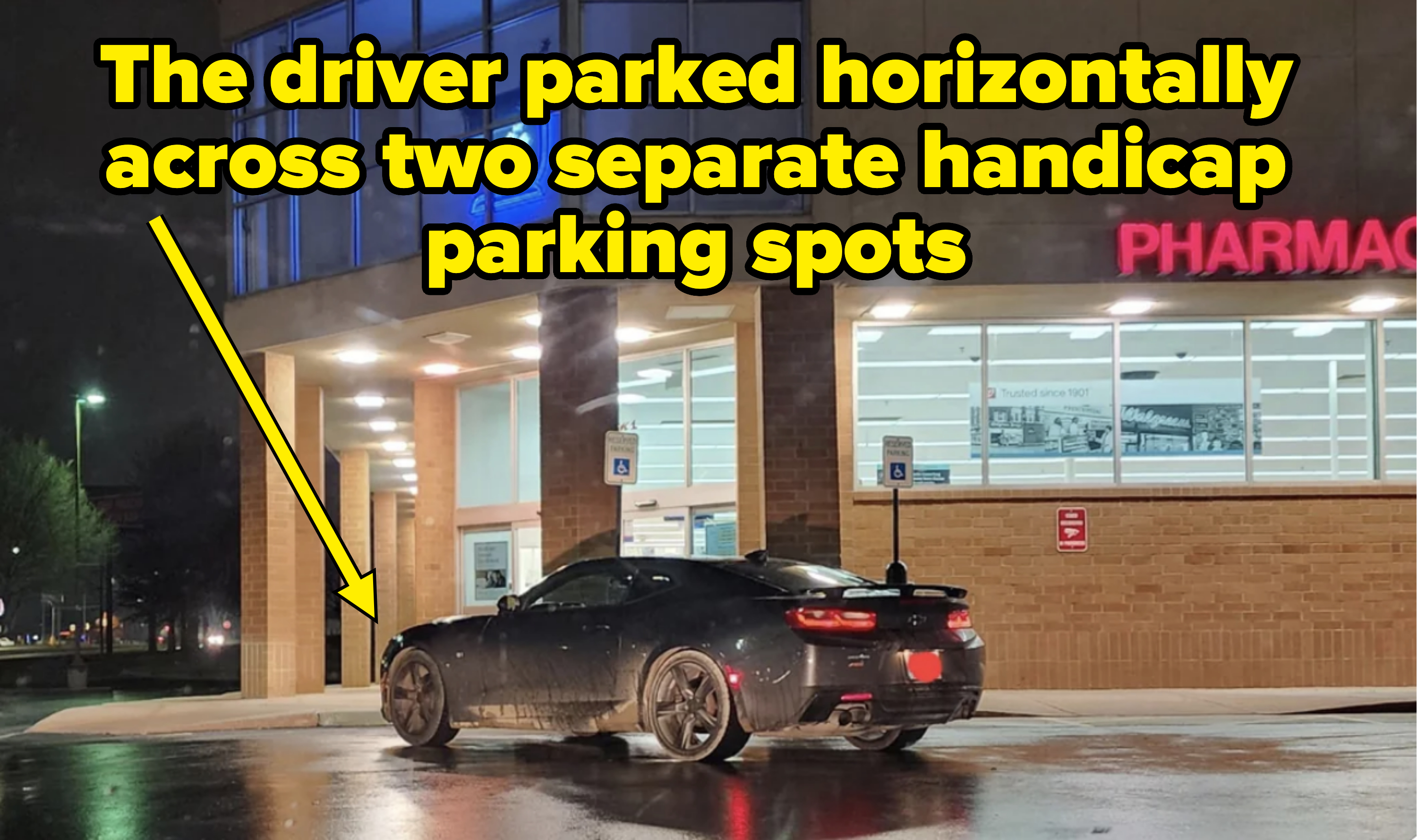 person parked across two handicap spots
