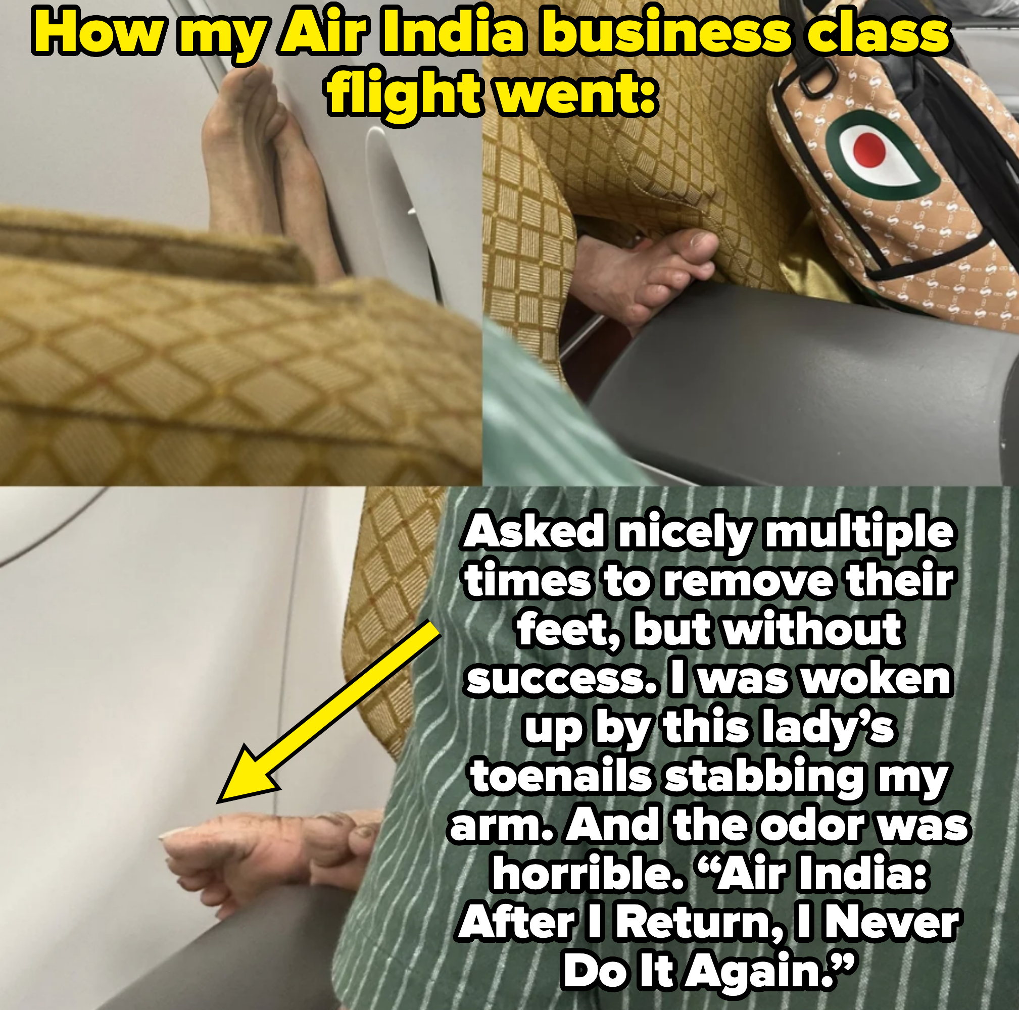 person putting their bare feet on the seat in front of them in a plane