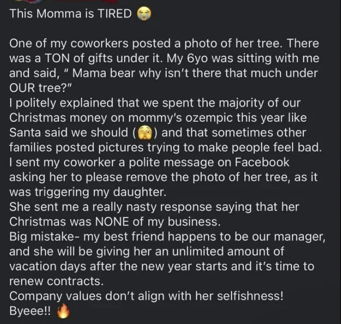 a mom says she didn&#x27;t buy her kid presents because she bought herself ozempic instead and asked a coworker to take down their photo of their tree