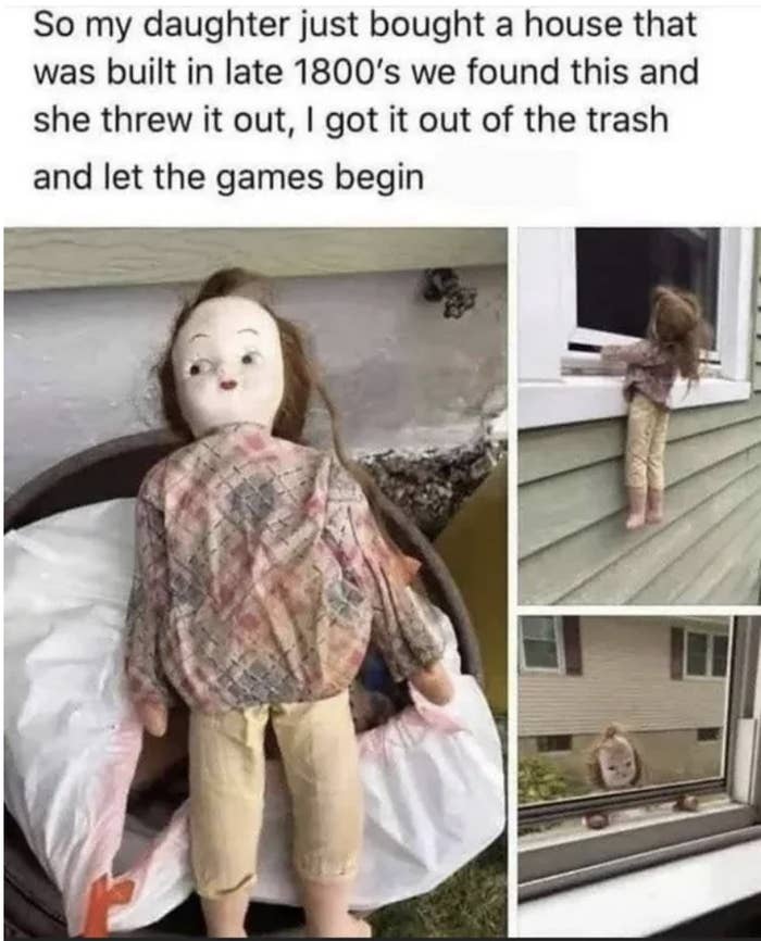 creepy doll put on the outside of a window