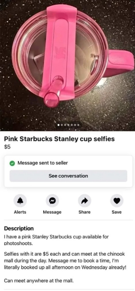 $5 for a selfie with the pink stanley cup