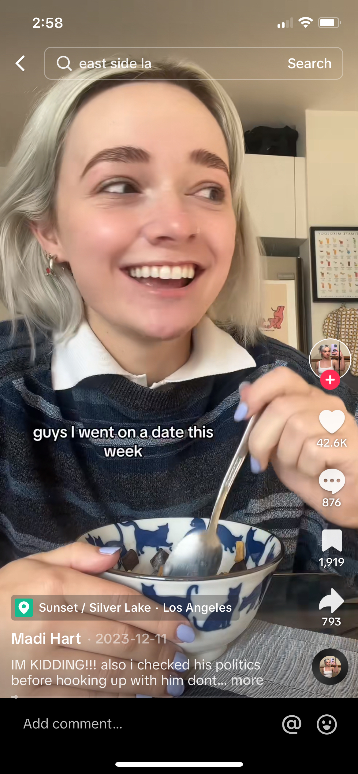 Madi eating a bowl of cereal in her first video and saying she went on a date this week