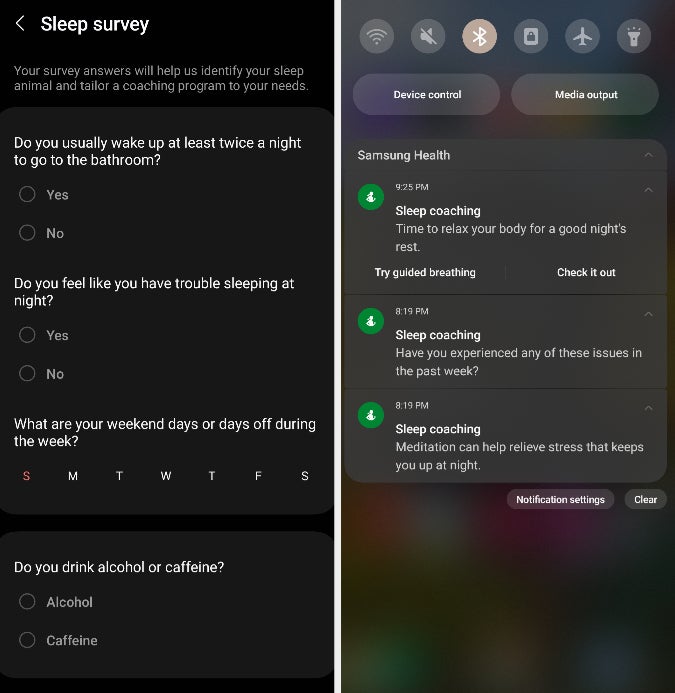 screenshot of sleep survey and sleep coaching notifications on the phone