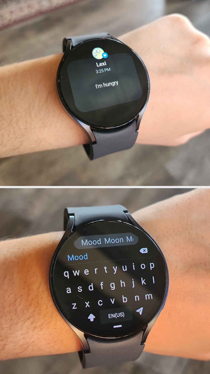Watch6 displaying a text message and response typed using the watch&#x27;s keyboard